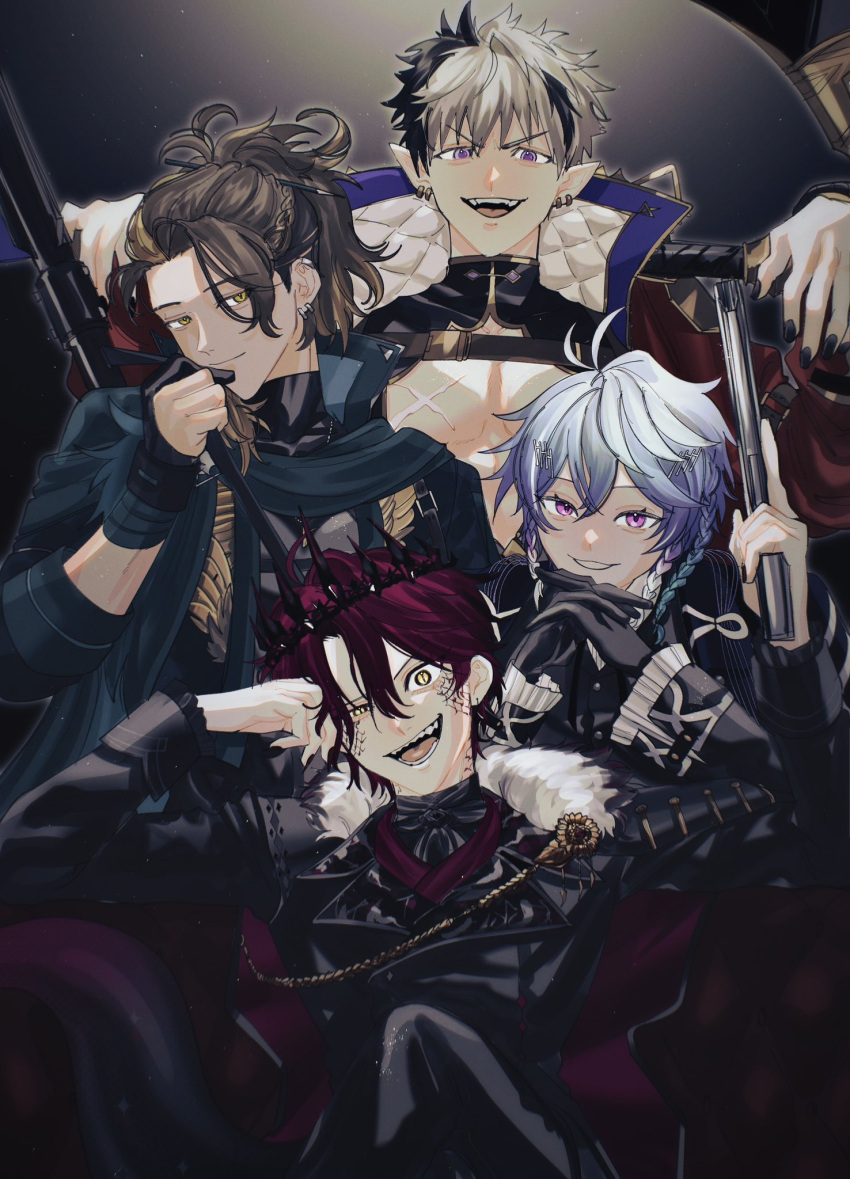 4boys axe black_gloves black_hair black_nails blue_hair brown_hair cleavage_cutout clothing_cutout coat crazy_eyes crimzon_ruze crossed_legs crown earrings fur_trim gloves goldbullet grey_hair gun gun_on_back hair_between_eyes half-closed_eye high_collar high_ponytail highres holding holding_gun holding_weapon holoarmis holostars holostars_english jewelry jurard_t_rexford long_hair looking_at_viewer male_focus momiage_40 multicolored_hair multiple_boys octavio open_mouth over_shoulder parted_lips pink_eyes pointy_ears purple_eyes purple_hair red_hair scar sharp_teeth short_hair sitting slit_pupils smile tail teeth two-tone_hair v-shaped_eyebrows virtual_youtuber weapon weapon_on_back weapon_over_shoulder yellow_eyes