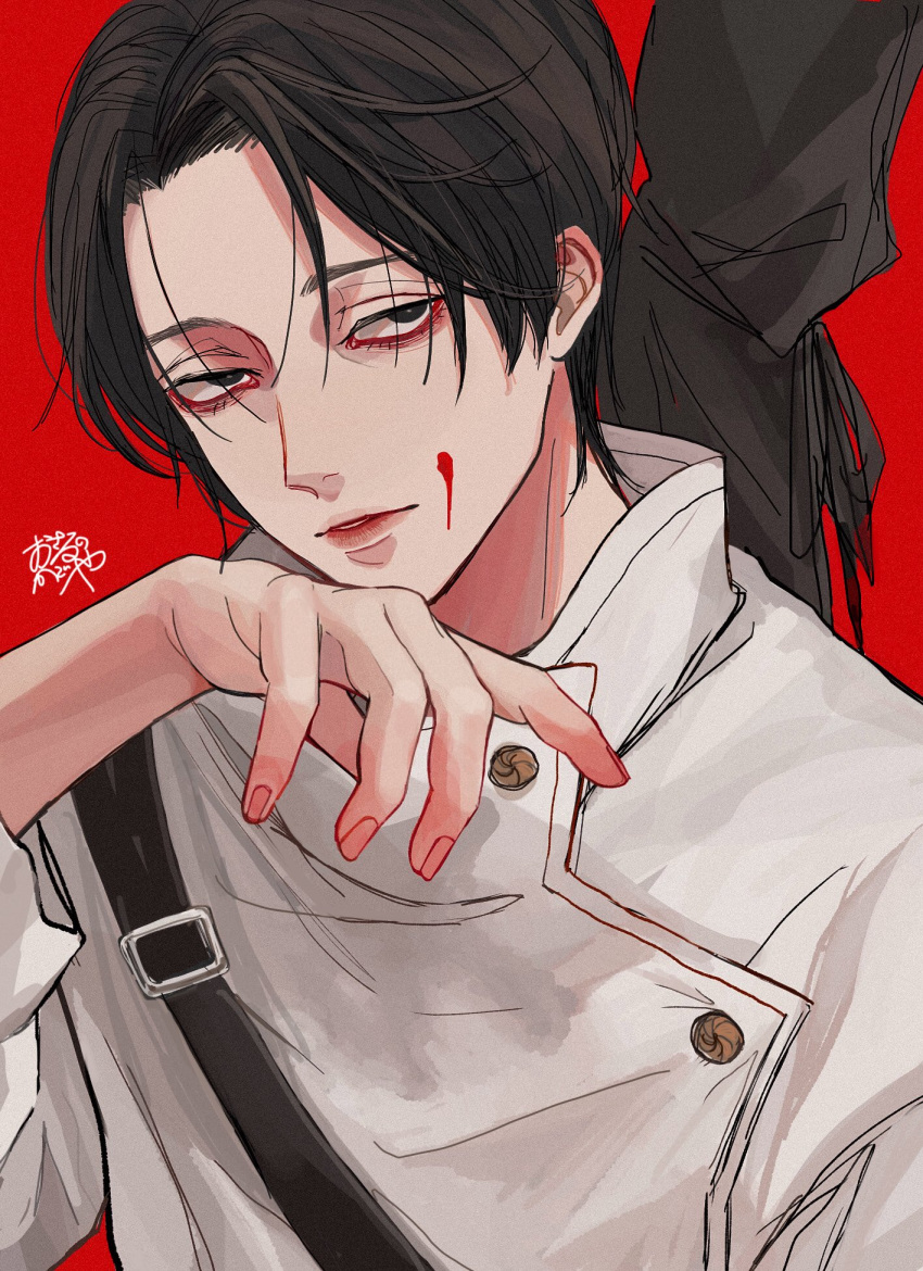 1boy bishounen black_eyes black_hair blood blood_on_face buttons closed_mouth hand_up high_collar highres jacket jujutsu_kaisen kagoya1219 looking_at_viewer male_focus okkotsu_yuuta parted_hair red_background sanpaku short_hair signature simple_background solo upper_body weapon_bag white_jacket