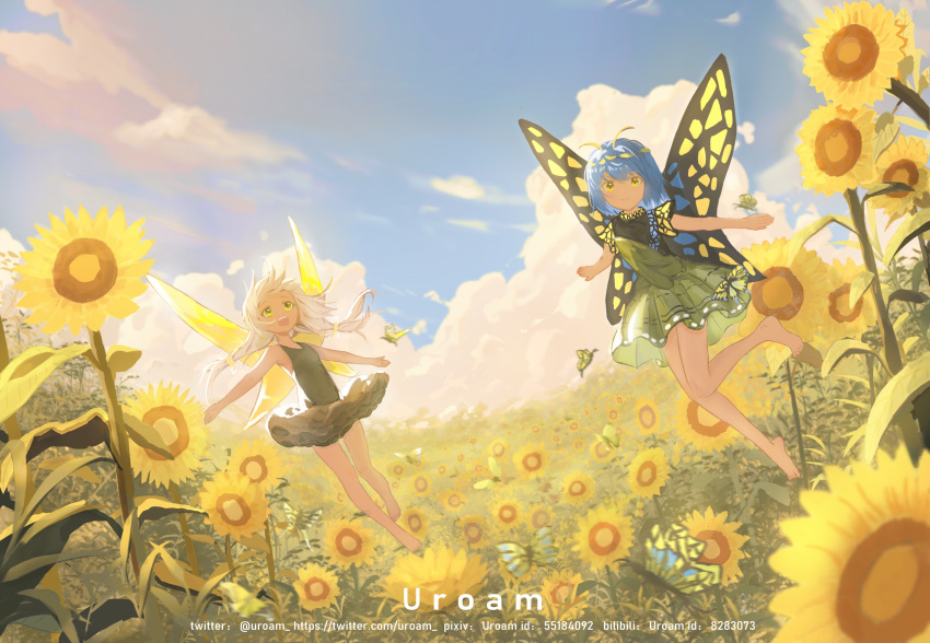 2girls :d antennae artist_name barefoot black_dress black_shirt blue_hair bug butterfly butterfly_wings closed_mouth cloud day dress eternity_larva fairy_wings field floating_hair flower flower_field green_eyes green_skirt highres long_hair multiple_girls open_mouth outdoors outstretched_arms pixiv_username shirt short_hair short_sleeves skirt sky sleeveless sleeveless_dress smile sunflower sunflower_field teeth touhou twitter_username upper_teeth_only uroam white_hair wings yellow_flower