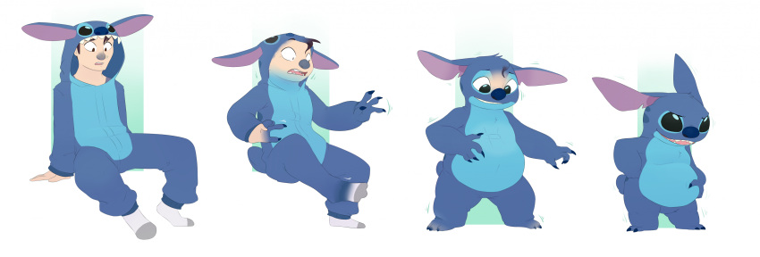 2023 4_fingers absurd_res alien anthro biped black_eyes blue_body blue_claws blue_fur chest_tuft claws clothing disney experiment_(lilo_and_stitch) fauvfox fingers footwear fur head_markings head_tuft hi_res human human_to_anthro kigurumi lilo_and_stitch male mammal markings notched_ear occipital_markings onesie open_mouth open_smile sitting slightly_chubby slightly_chubby_anthro slightly_chubby_male small_tail smile socks solo species_transformation standing stitch_(lilo_and_stitch) tail tf_into_fictional_character toe_claws transformation transformation_sequence tuft