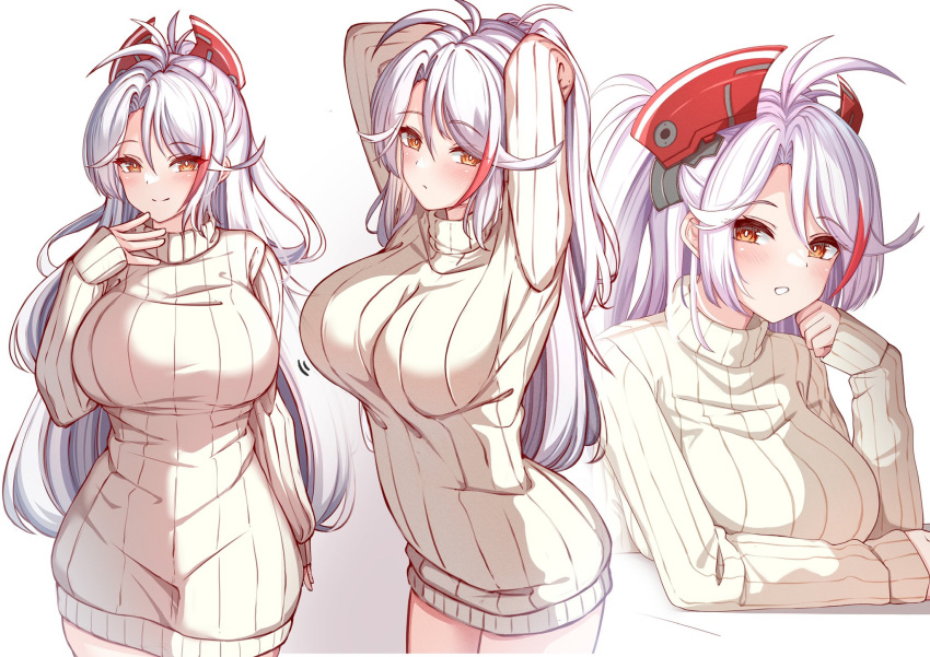 1girl alternate_costume antenna_hair arms_behind_head arms_up azur_lane blush breasts brown_eyes brown_sweater closed_mouth commentary_request dress gradient_background grey_background grey_hair hair_between_eyes hand_up headgear highres large_breasts long_hair long_sleeves looking_at_viewer motion_lines moyoron multicolored_hair multiple_views orange_eyes parted_bangs prinz_eugen_(azur_lane) puffy_long_sleeves puffy_sleeves red_hair ribbed_sweater simple_background sleeves_past_wrists smile streaked_hair sweater sweater_dress thighhighs turtleneck turtleneck_sweater upper_body very_long_hair white_background white_hair white_sweater white_thighhighs