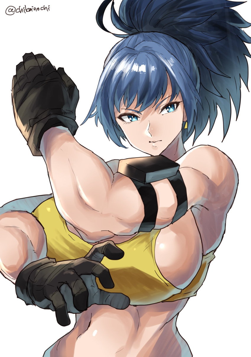 1girl armlet bare_shoulders black_gloves blue_eyes blue_hair breasts chikoinochi clenched_hand earrings gloves highres jewelry large_breasts leona_heidern navel ponytail simple_background solo tank_top the_king_of_fighters the_king_of_fighters_xv toned twitter_username white_background yellow_tank_top