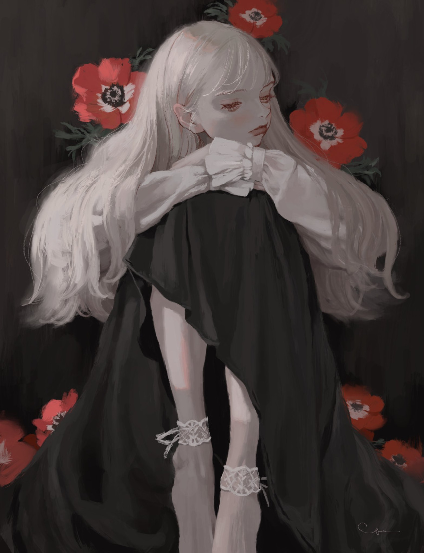 12yun30 1girl anemone_(flower) black_background black_skirt closed_eyes expressionless flower highres knees_up lips long_hair long_skirt long_sleeves original red_flower shirt sitting skirt solo white_hair white_shirt