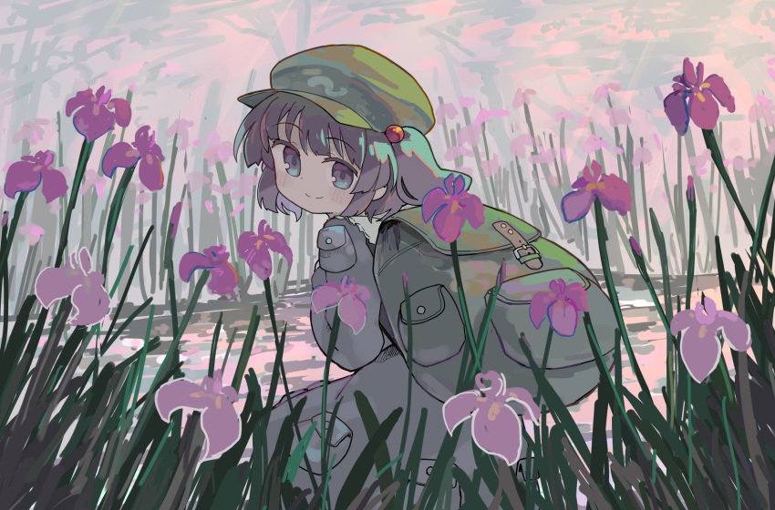 1girl backpack bag blue_eyes blue_hair blue_shirt blue_skirt blush closed_mouth commentary flat_cap flower green_headwear hair_bobbles hair_ornament hat highres iris_(flower) kawashiro_nitori kibisake medium_hair purple_flower shirt skirt smile solo touhou two_side_up