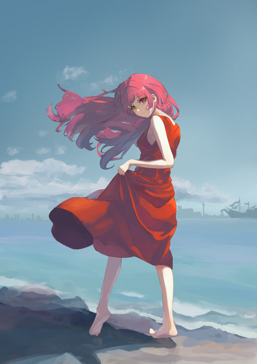 1girl absurdres alternate_costume alternate_hairstyle bare_arms bare_shoulders barefoot beach closed_mouth cocktail_dress commentary_request dress earrings from_behind from_side full_body hair_down heterochromia highres hololive houshou_marine jewelry long_dress long_hair looking_at_viewer ocean outdoors red_dress red_eyes red_hair rikkusu shore skirt_hold smile solo virtual_youtuber yellow_eyes