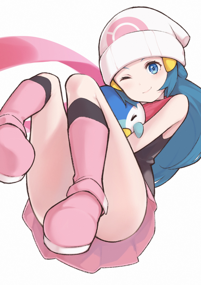 1girl absurdres beanie blue_eyes blue_hair boots commentary_request convenient_leg dawn_(pokemon) hat highres itou_kazuki kneehighs looking_at_viewer one_eye_closed pink_footwear piplup pokemon pokemon_(creature) pokemon_(game) pokemon_dppt simple_background smile socks white_background white_headwear
