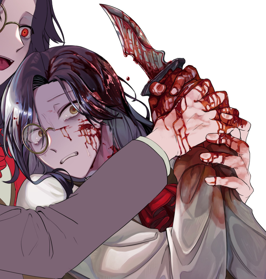2boys :d ascot bags_under_eyes black_hair blood blood_in_hair blood_on_clothes blood_on_face blood_on_hands blood_on_knife clenched_teeth crazy_eyes dual_persona facing_to_the_side grey_jacket highres holding holding_another's_wrist holding_knife jacket knife long_hair long_sleeves looking_at_object male_focus monocle multiple_boys nijisanji parted_bangs red_ascot red_eyes scared shellin_burgundy shirt sideways_glance simple_background smile sweat tearing_up teeth upper_body upper_teeth_only virtual_youtuber white_background white_shirt wide-eyed yamagishi-sota yellow_eyes