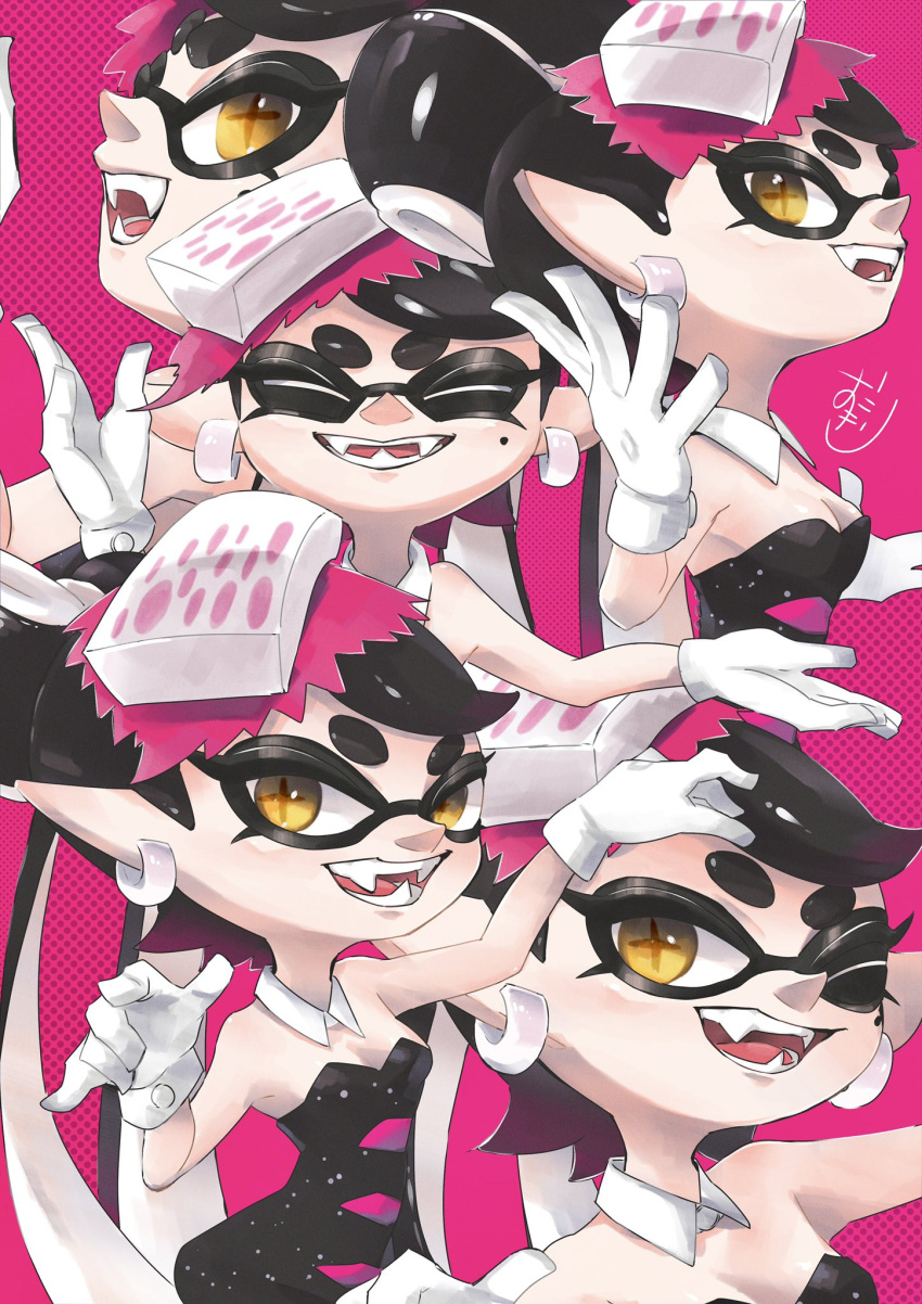 +_+ 1girl bare_arms bare_shoulders black_hair black_jumpsuit breasts callie_(splatoon) cleavage closed_eyes gloves highres jumpsuit okome_2g2g one_eye_closed short_jumpsuit splatoon_(series) strapless_jumpsuit swept_bangs tentacle_hair twintails white_gloves yellow_eyes