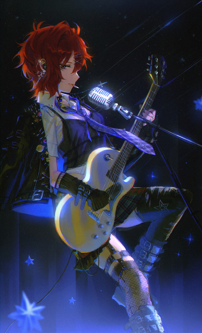 1girl absurdres arm_warmers audience black_background black_camisole black_footwear black_thighhighs blue_eyes blue_necktie boots camisole collared_shirt cross cross_necklace ear_piercing electric_guitar fishnets gibson_les_paul gradient_background guitar hair_ornament hairclip highres idolmaster idolmaster_million_live! instrument jacket jacket_on_shoulders jewelry julia_(idolmaster) leather leather_jacket legwear_garter looking_at_viewer looking_to_the_side microphone music necklace necktie piercing playing_instrument plectrum red_hair shirt short_hair simple_background spikes star_(symbol) thighhighs yatatashira