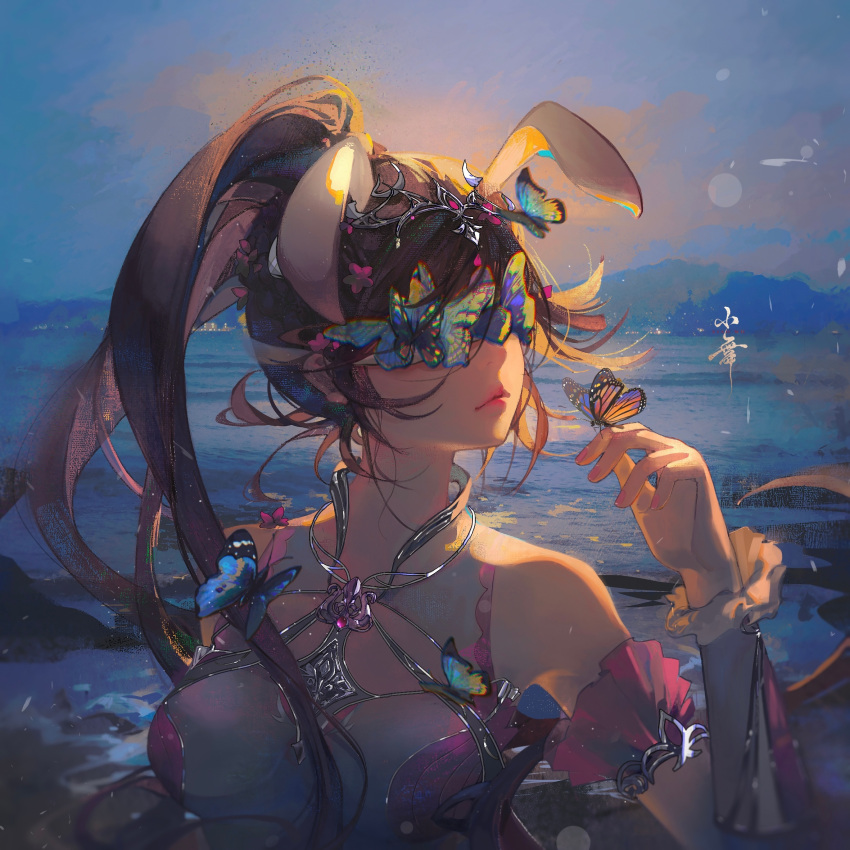 1girl animal_ears artist_request backlighting bare_shoulders blue_sky breasts brown_hair bug butterfly butterfly_on_face butterfly_on_hand closed_mouth collar covered_eyes dark douluo_dalu dress hair_ornament hand_up highres long_hair medium_breasts metal_collar mountainous_horizon outdoors pink_dress ponytail rabbit_ears second-party_source sky solo upper_body xiao_wu_(douluo_dalu)