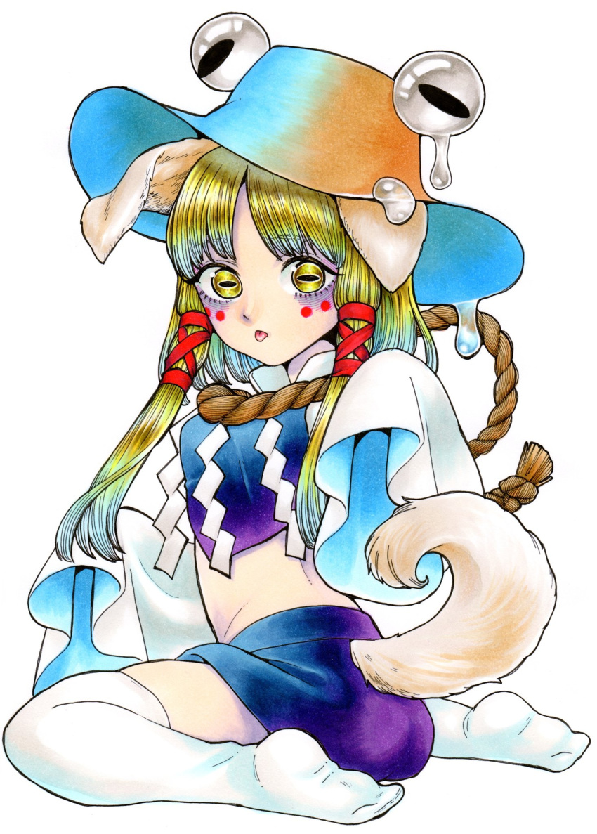 1girl animal_ears bags_under_eyes blonde_hair bow brown_headwear collared_shirt dog_ears dog_girl dog_tail extra_eyes facial_tattoo hair_bow hair_ornament hat highres horizontal_pupils long_hair long_sleeves moriya_suwako purple_skirt purple_vest red_bow rope saliva shide shimenawa shirt sidelocks simple_background skirt tail tattoo thighhighs tongue tongue_out touhou traditional_media vest white_background whoru wide_sleeves yellow_eyes yellow_fur