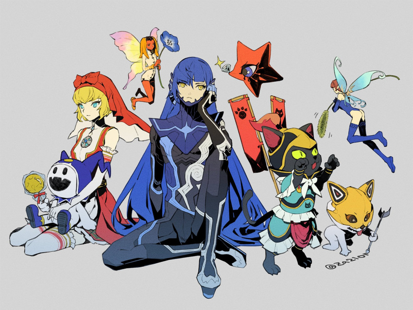 1boy 3girls animal armor blonde_hair blue_hair bodysuit boots candy chironup colored_skin decarabia diamond_(gemstone) dress elbow_gloves flower food gem gloves grey_background highres holding hua_po_(megami_tensei) idunn_(megami_tensei) jack_frost lollipop long_hair multiple_girls neko_shogun pixie_(megami_tensei) protagonist_(smtv) red_skin shin_megami_tensei shin_megami_tensei_v short_hair simple_background sitting sparkle thighhighs twitter_username very_long_hair wings writing yellow_eyes za210n