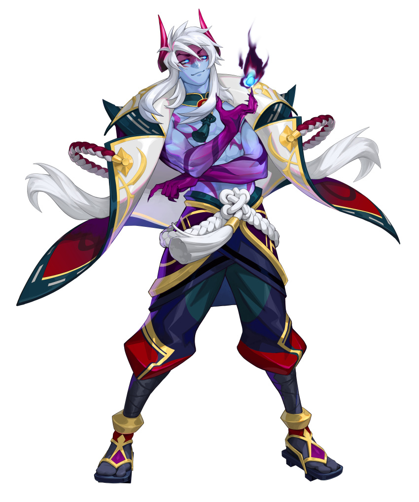 1boy absurdres blue_fire blue_skin choker cloak colored_skin demon demon_horns fingernails fire full_body highres horns kai_(omega_strikers) long_hair looking_at_viewer non-web_source official_alternate_costume omega_strikers purple_eyes purple_fire purple_skin sharp_fingernails smile smirk solo standing tabi topless_male very_long_hair