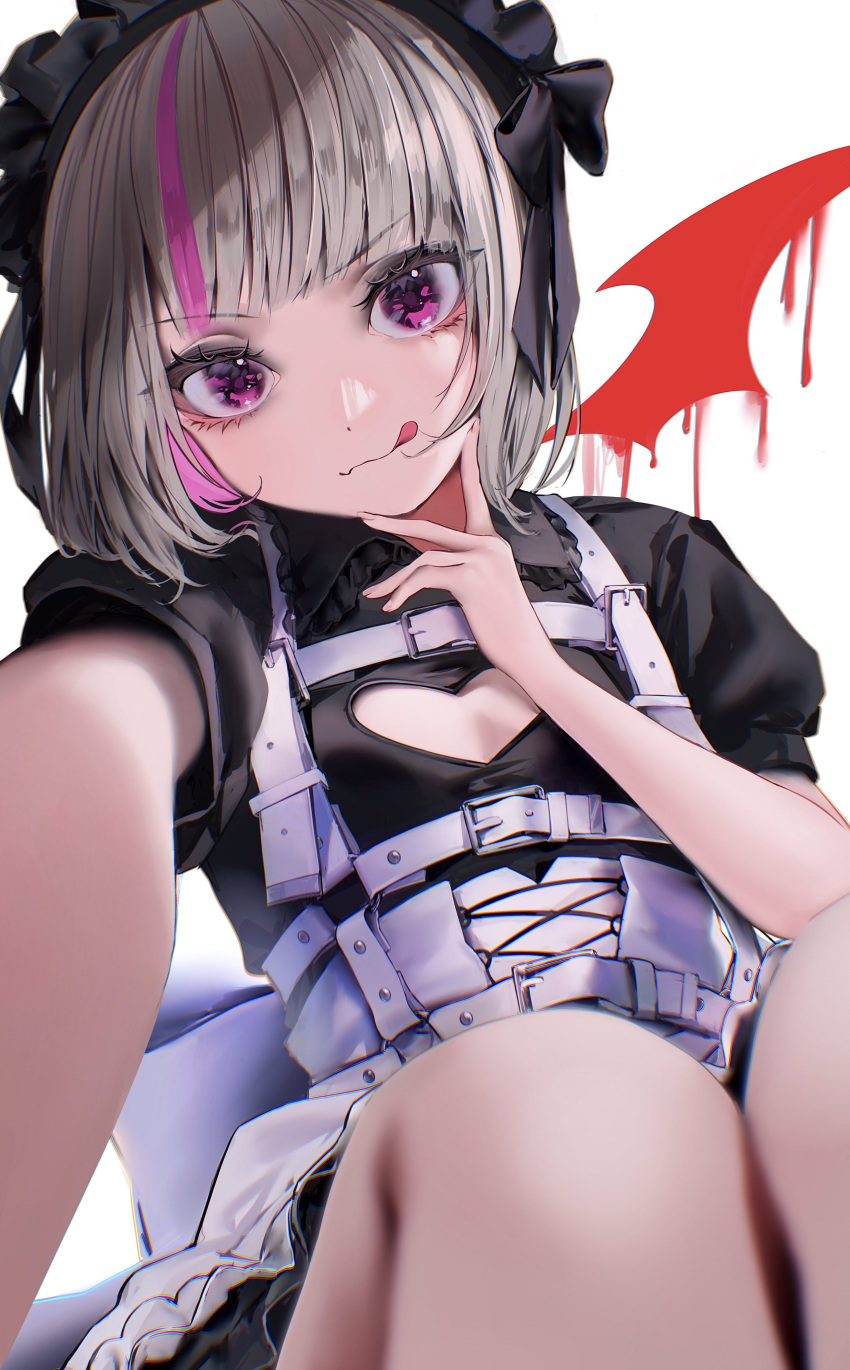 1girl :q absurdres apron black_dress breasts cleavage_cutout clothing_cutout dress grey_hair harness heart_cutout highres looking_at_viewer maid maid_headdress makaino_ririmu multicolored_hair mv_pxn nijisanji pink_eyes pink_hair selfie short_sleeves small_breasts solo streaked_hair tongue tongue_out two-tone_hair v virtual_youtuber white_background