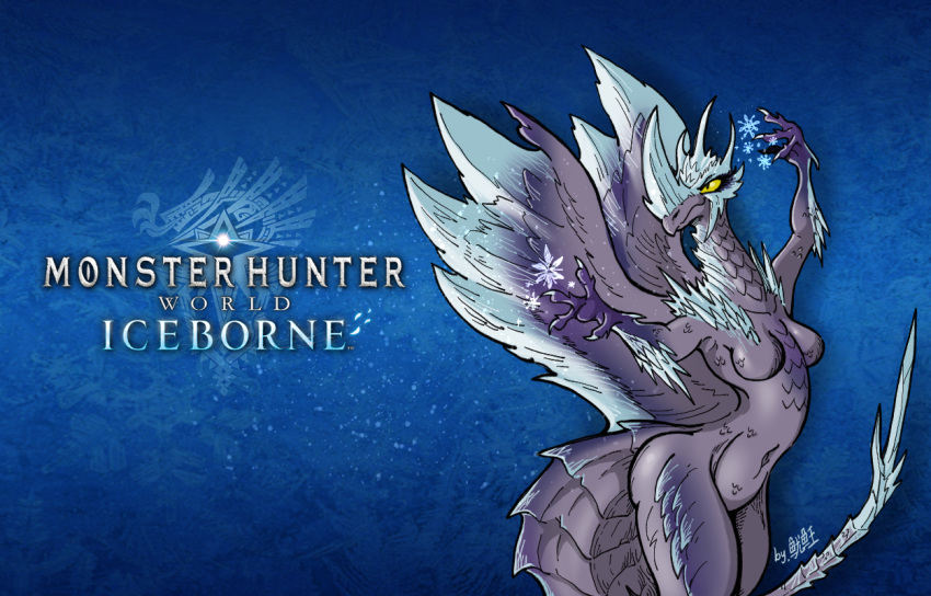 animal_humanoid capcom disney disney_princess dragon dragon_humanoid elder_dragon elemental_manipulation female feral frozen_(movie) humanoid ice ice_manipulation looking_at_viewer monster_hunter nude queen_elsa_(frozen) scalie scalie_humanoid snowflake solo squidking velkhana wallpaper western_dragon