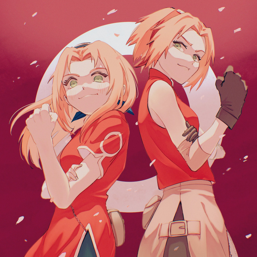 1girl bare_shoulders bike_shorts black_gloves black_shorts blue_shorts buckle cowboy_shot dress dual_persona elbow_cuffs forehead_protector gloves green_eyes hand_on_own_arm haruno_sakura highres holding_own_arm ice_morinaka light_blush long_hair looking_at_viewer naruto naruto_(series) naruto_shippuuden petals pink_hair red_background red_dress red_shirt shirt short_hair shorts skirt_cutout smile upper_body zipper zipper_dress