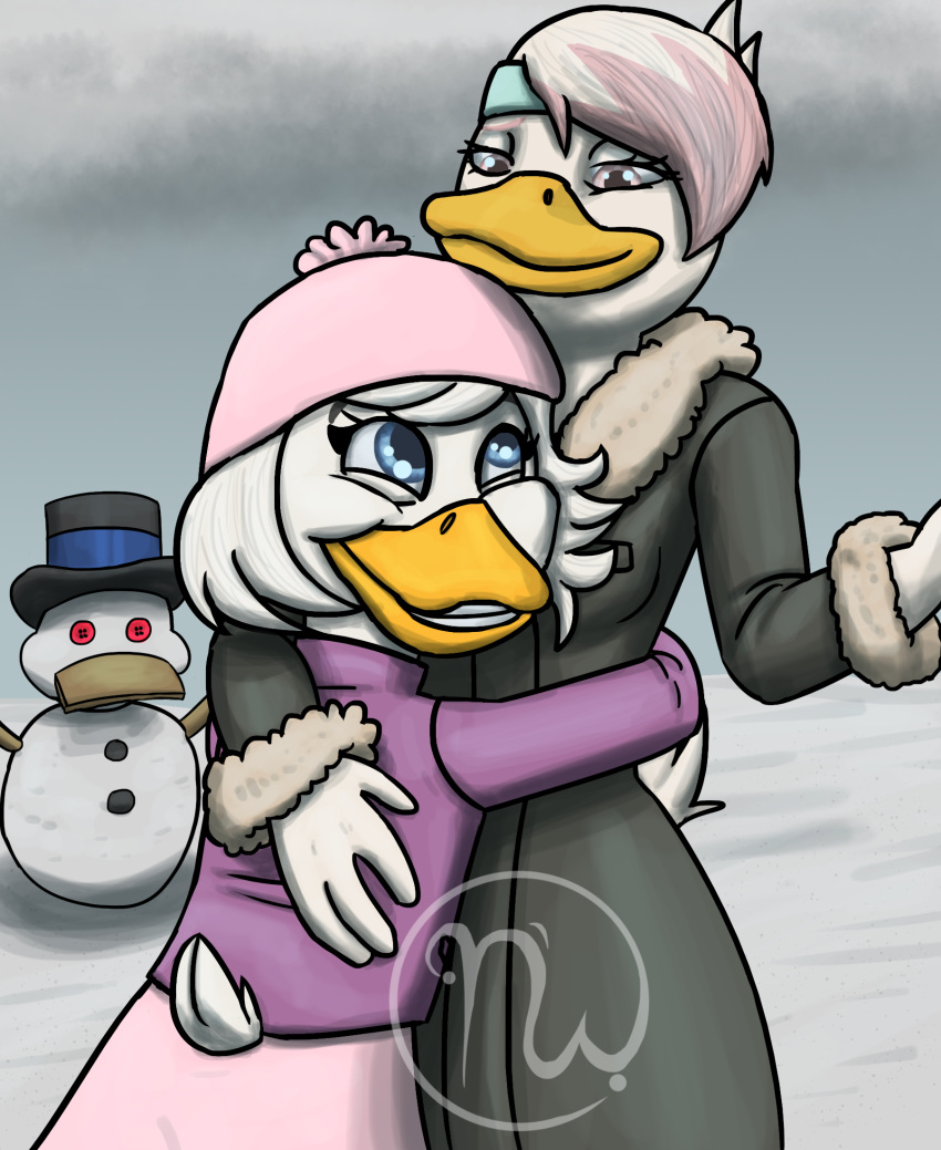 2019 accessory age_difference anatid anseriform anthro arm_over_shoulder artist_logo avian bangs beak bird blue_clothing blue_eyes blue_headband blue_headwear bottomwear button_(fastener) child clothing coat digital_drawing_(artwork) digital_media_(artwork) disney duck ducktales ducktales_(2017) duo embrace eyebrows eyelashes feathers female friends grey_clothing grey_coat grey_topwear hair hat headband headgear headwear hi_res hug lena_(ducktales) logo nervous nervous_smile older_female pink_eyes pink_hair purple_bottomwear purple_clothing purple_coat purple_hat purple_headwear purple_skirt purple_topwear short_hair skirt skywater smile smiling_at_each_other snow snowman stick tail tail_feathers teenager teeth top_hat topwear toque webby_vanderquack white_body white_feathers white_hair winter winter_clothing winter_coat young younger_female