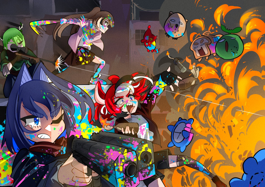 4girls absurdres baseball_bat battle bite_mark blue_eyes blue_hair bomb brown_hair ceres_fauna clock explosion explosive fingerless_gloves fire firing gloves green_hair gun hakos_baelz handgun highres hootsie_(nanashi_mumei) koizumi_arata kronie_(ouro_kronii) left_4_dead molotov_cocktail mr._squeaks_(hakos_baelz) multiple_girls nanashi_mumei ouro_kronii paint_splatter pipe_bomb red_hair rifle sanallite_(tsukumo_sana) scarf skirt sniper_rifle thighhighs weapon