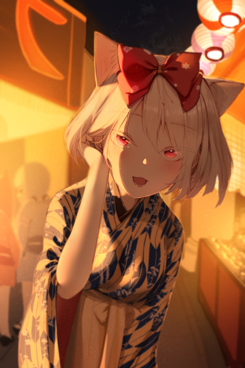 1girl adjusting_hair animal_ear_fluff animal_ears blush bow breasts cat_ears day earrings extra_ears festival futoshi_ame hair_bow highres jewelry lantern large_breasts leaning_forward looking_at_viewer night night_sky original outdoors paper_lantern pink_eyes red_bow short_hair sky solo_focus white_hair