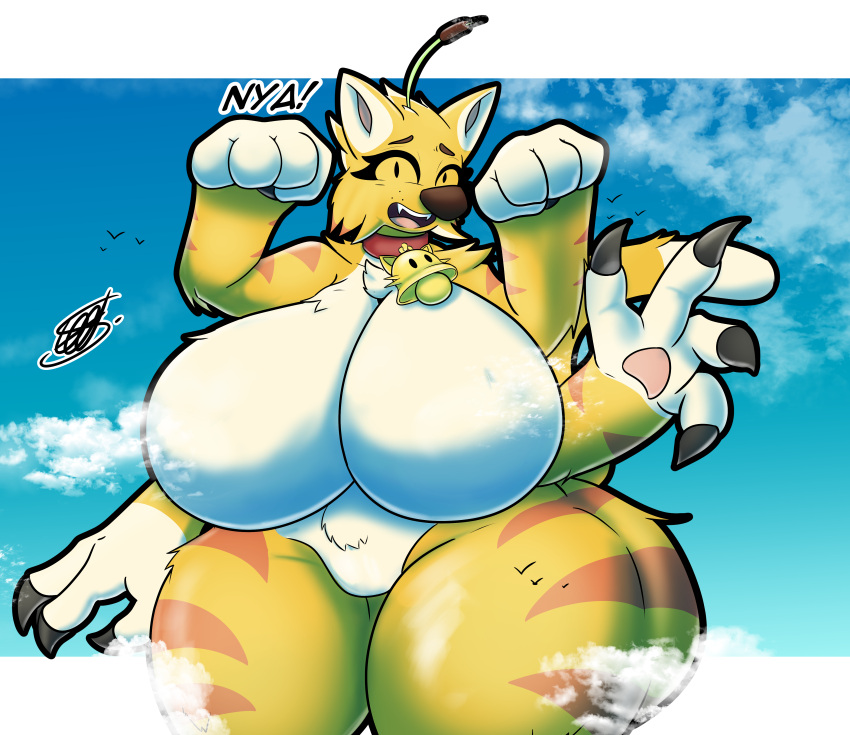 4_arms absurd_res anthro arthropod bell big_breasts big_butt breast_expansion breasts butt caterpillar cloud digital_media_(artwork) domestic_cat english_text expansion fan_character felid feline felis female fur genitals growth growth_lines hi_res huge_breasts huge_butt huge_thighs hybrid hyper hyper_breasts hyper_butt insect larva looking_at_viewer macro macro_focus mammal maple_(mothmon65) mario_bros multi_arm multi_limb nintendo nude open_mouth outside pussy shaded shieradevil simple_background sky smile solo tail text thick_thighs tongue white_body wide_hips wiggler wiggler_(mario)