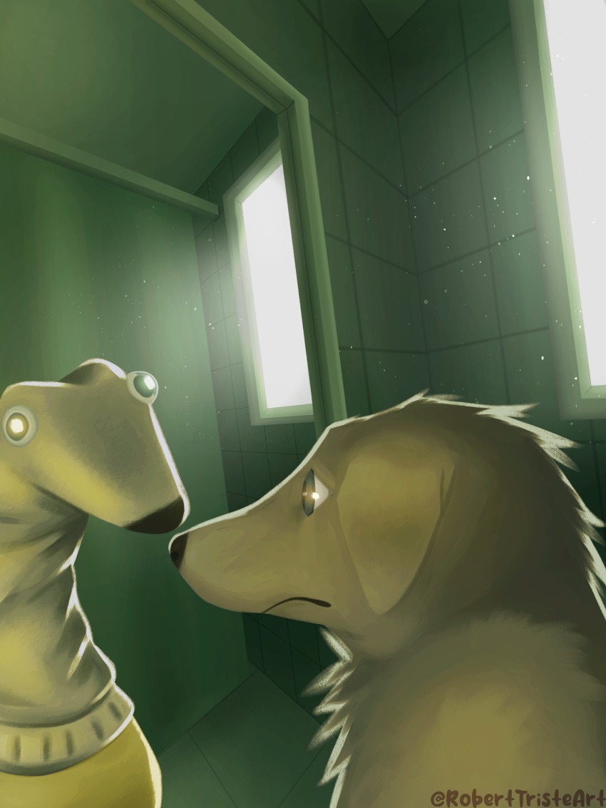 absurd_res anthro background_character bathroom borzoi canid canine canis domestic_dog feral hi_res hunting_dog male mammal mirror mirror_reflection puppet reflection roberttristeart sighthound solo