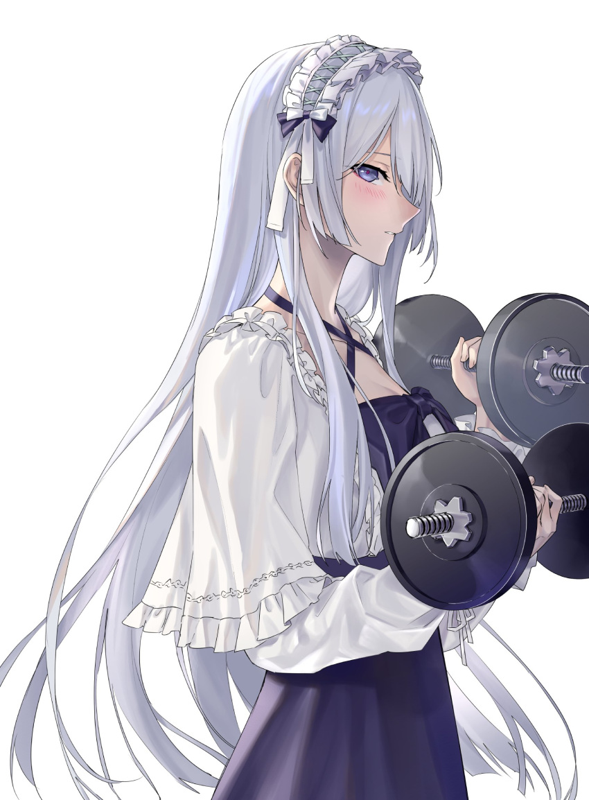 1girl absurdres ak-15_(girls'_frontline) blue_eyes blush commentary cowboy_shot criss-cross_halter dress dumbbell exercise frilled_hairband frills from_side girls'_frontline hairband halter_dress halterneck highres long_hair long_sleeves purple_dress simple_background solo suprii very_long_hair weightlifting white_background white_hair