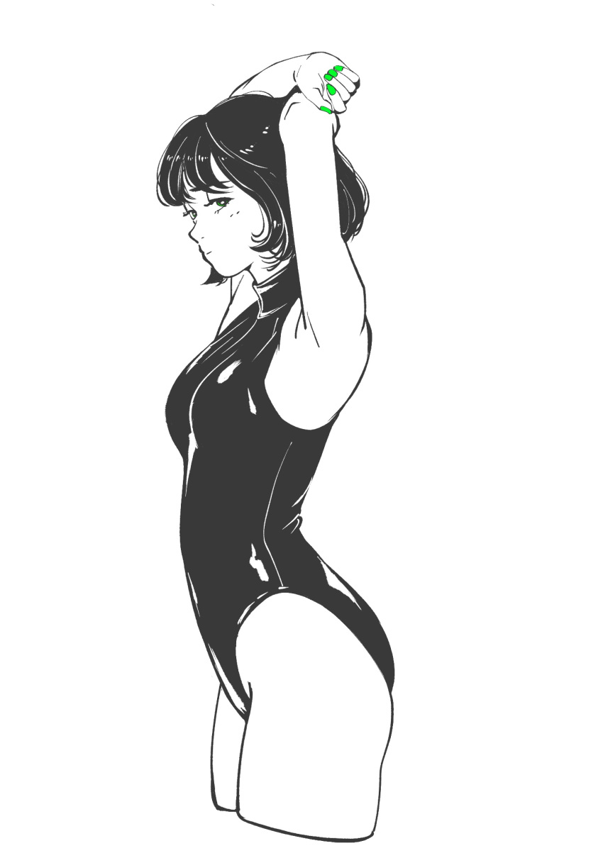 1girl arms_up bare_shoulders black_one-piece_swimsuit collared_one-piece_swimsuit cropped_legs expressionless from_side green_nails highres looking_to_the_side monochrome nail_polish one-piece_swimsuit original partially_colored sakamoto_giulietta short_hair simple_background solo spot_color standing swimsuit white_background