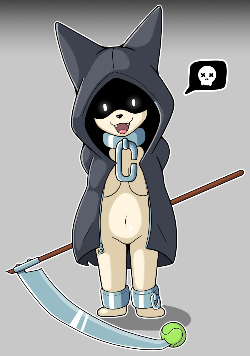 2023 absurd_res anthro ball black_clothing bone bottomless canid canine chain chibi clothed clothing collar cuff_(restraint) death_(whitev) female fur furgonomics glowing glowing_eyes grey_background hi_res holding_object hoodie looking_at_viewer mammal melee_weapon polearm restraints scythe shackles shadowed_eyes simple_background skull solo speech_bubble tennis_ball topwear weapon white_body white_fur whitev