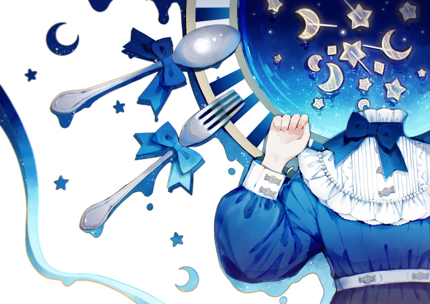 1other absurdres artist_name blue_bow blue_bowtie blue_dress blue_theme bow bowtie center_frills clock_face commentary_request crescent_moon dress facing_viewer fork frilled_dress frills from_above highres hitoba long_sleeves lying moon on_back original oversized_object puffy_sleeves sleeve_cuffs solo spoon star_(symbol) upper_body