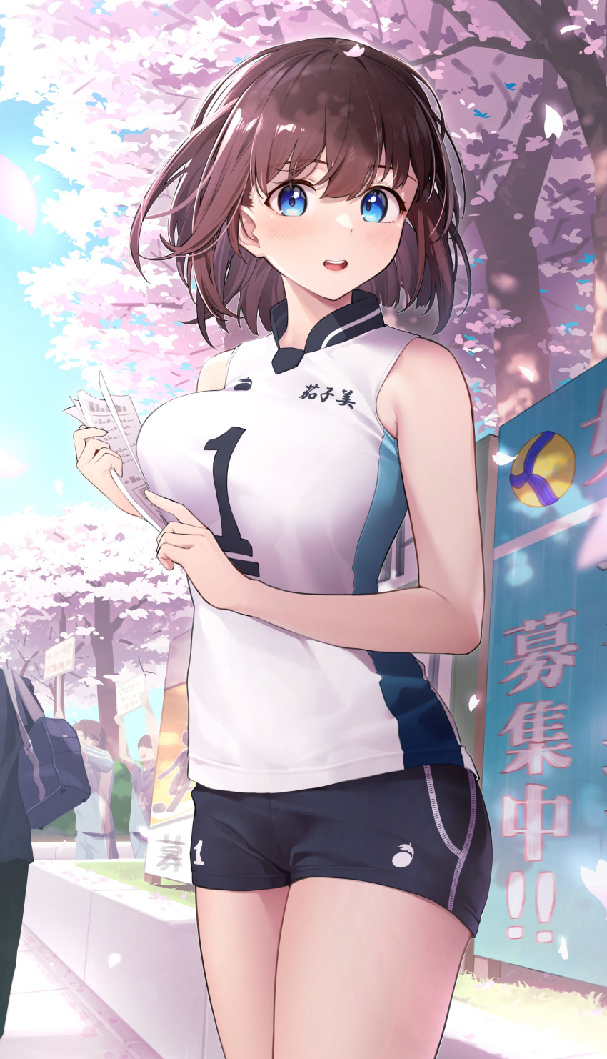 1girl :d absurdres bag black_shorts blue_eyes blush breasts brown_hair cherry_blossoms clothes_writing extra from_side highres holding holding_paper large_breasts looking_at_viewer original paper petals school_bag shirt short_hair shorts sign sleeveless sleeveless_shirt smile solo sportswear vegetablenabe volleyball_uniform white_shirt