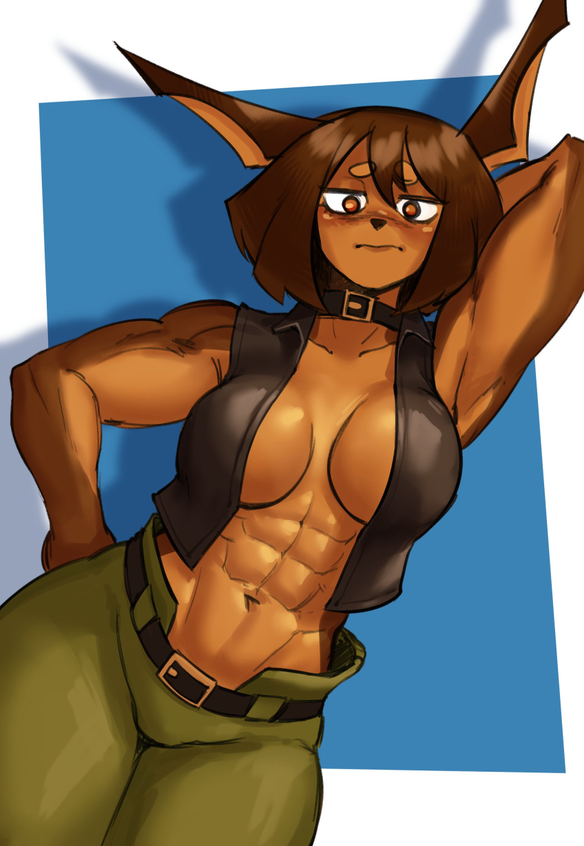 2023 abs absurd_res anthro blush breasts brown_hair canid canine canis clothing dobermann dog_knight_rpg domestic_dog embarrassed female hair hi_res inner_side_boob mammal muscular muscular_female pinscher rory_(ceehaz) solo titobeansz topwear vest