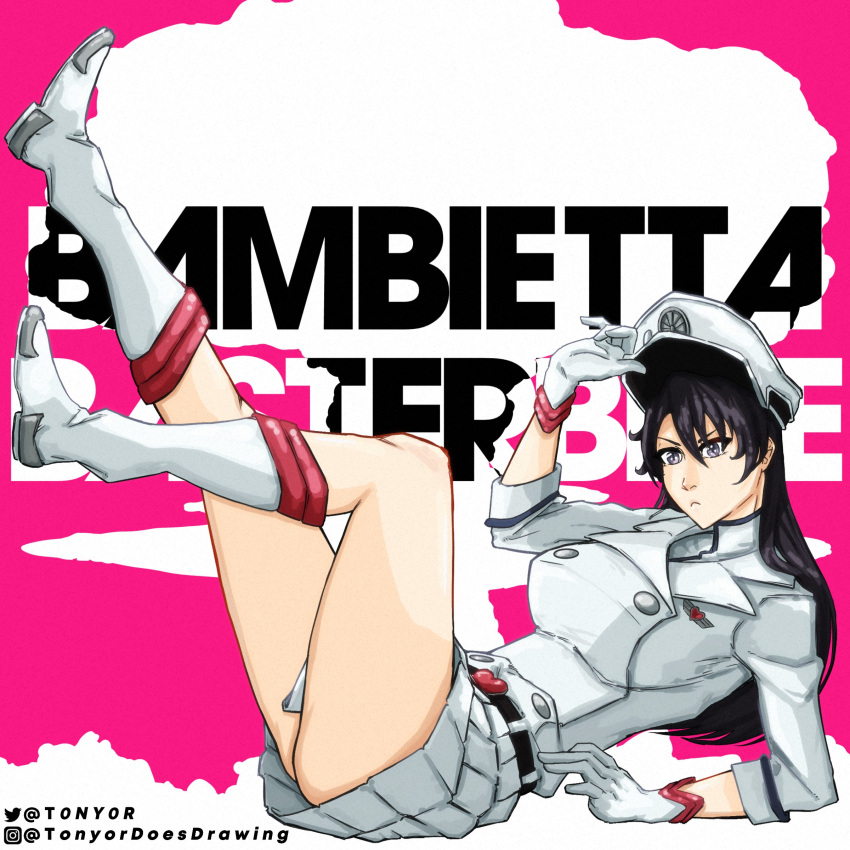 1girl absurdres artist_name bambietta_basterbine belt belt_buckle black_hair bleach bleach:_the_thousand-year_blood_war boots buckle english_text gloves hand_on_headwear hat heart highres legs_up long_hair lying military_hat military_uniform miniskirt multicolored_background pink_background pleated_skirt purple_eyes quincy skirt sternritter uniform white_background white_footwear white_gloves white_headwear