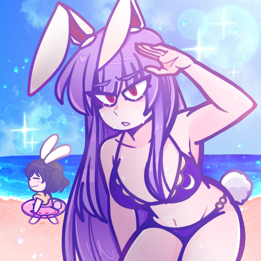 2girls animal_ears beach black_hair bra clear_sky d_vaaaah dress highres inaba_tewi innertube lens_flare looking_at_viewer multiple_girls ocean pink_dress purple_hair rabbit_ears rabbit_tail reisen_udongein_inaba sky sweat swimsuit tail touhou underwear