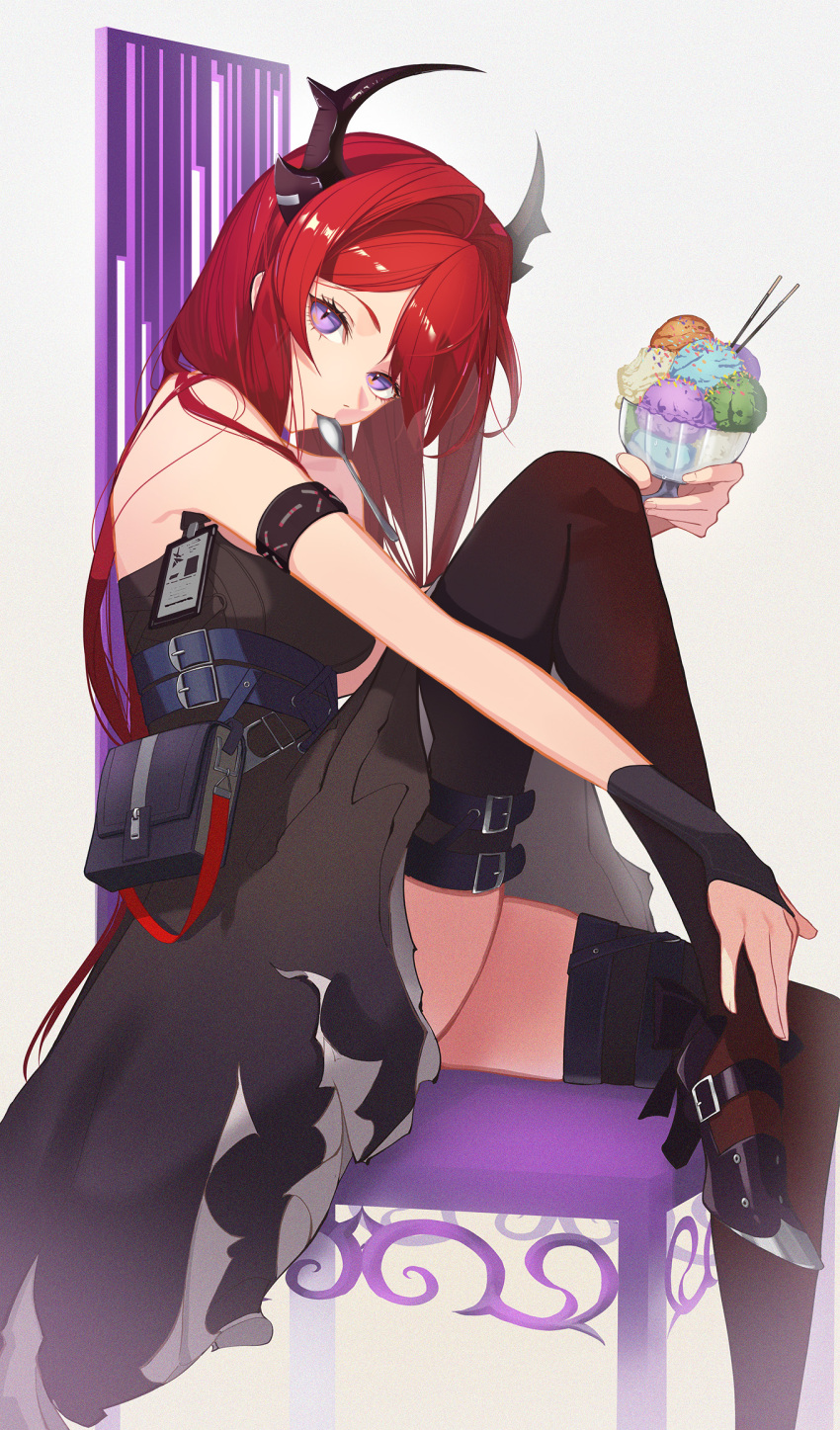 1girl arknights bare_shoulders belt black_dress black_footwear black_gloves black_thighhighs breasts chair cup dress fingerless_gloves food gloves high_heels highres holding holding_cup horns ice_cream ice_cream_spoon id_card infection_monitor_(arknights) knee_up long_hair looking_at_viewer looking_to_the_side pouch purple_eyes red_hair sidelocks single_glove sitting sleeveless sleeveless_dress small_breasts solo spoon sundae surtr_(arknights) thighhighs torn_clothes torn_dress utensil_in_mouth yakupan