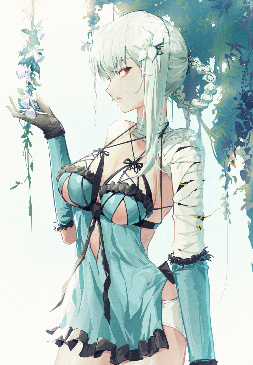 1girl absurdres bandaged_arm bandaged_neck bandages black_gloves braided_hair_rings breasts cleavage clothing_cutout cowboy_shot elbow_gloves film_grain flower flower_request frills from_side gloves hair_flower hair_ornament highres jitome kaine_(nier) leaf lingerie lips looking_at_viewer lunar_tear medium_breasts navel_cutout negligee nier nier_(series) orange_eyes panties parted_lips piao_miao profile purple_flower revealing_clothes sepia single_bare_shoulder single_hair_ring single_sidelock solo underwear white_panties