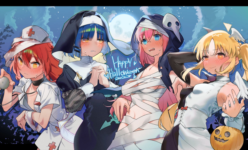 4girls @_@ ahoge angel_wings asymmetrical_dress bandage_on_face bandaged_arm bandaged_head bandages banknote black_choker black_dress black_headwear black_hood black_sleeves blonde_hair blood blood_on_bandages blue_eyes blue_hair blush bocchi_the_rock! breasts candy choker clenched_teeth cloud collarbone commentary_request covered_navel demon_wings detached_sleeves dollar_bill dress embarrassed flat_chest food full-face_blush full_moon ghost_pose gotoh_hitori habit hair_between_eyes hair_ornament hairclip halloween halloween_costume hand_up happy_halloween hat head_wings heart highres holding_stethoscope ijichi_nijika interlocked_fingers kita_ikuyo lollipop long_hair long_sleeves looking_ahead looking_at_viewer medium_breasts money moon multiple_girls naked_bandage navel night night_sky nun nurse nurse_cap open_mouth parted_lips pink_hair red_hair short_hair short_sleeves side_ponytail sidelocks sky small_breasts smile sofa_(enogunomu) solo spoken_blush spoken_food spoken_heart star_(sky) starry_sky stethoscope stomach sweat teeth thighs thought_bubble torn_clothes twitter_username upper_teeth_only wavy_hair wavy_mouth white_dress white_headwear white_sleeves wings yamada_ryo yellow_eyes