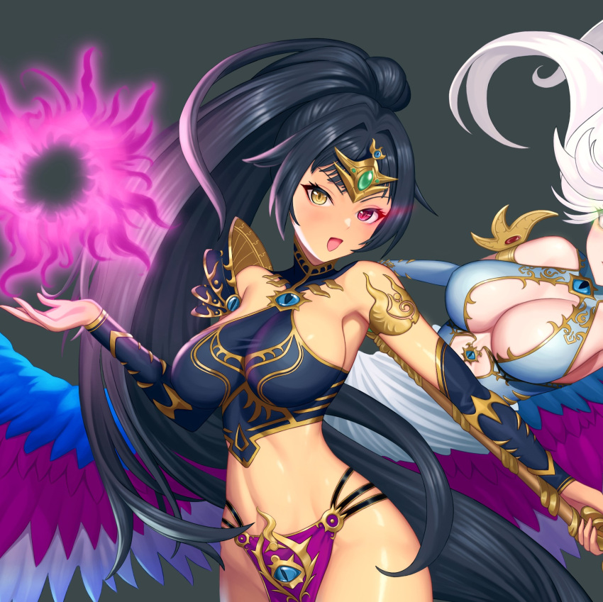 2girls black_hair breasts commentary_request cowboy_shot crop_top highres kairos_fateweaver large_breasts loincloth long_hair looking_at_viewer midriff multiple_girls navel personification ponytail purple_eyes rakuri_(rwrn5475) sleeveless stomach total_war:_warhammer_3 very_long_hair warhammer_40k yellow_eyes