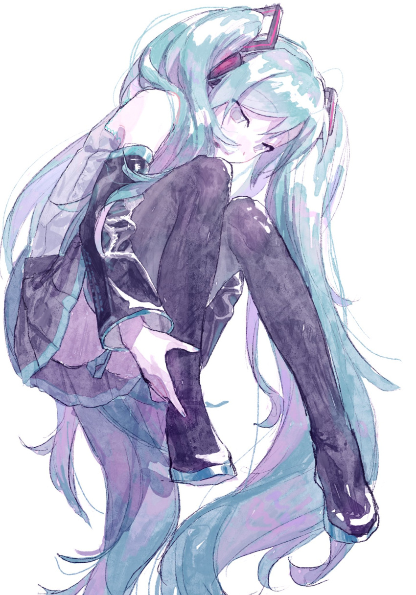 1girl aqua_hair bare_shoulders black_footwear black_skirt black_sleeves boots closed_mouth detached_sleeves dot_nose full_body grey_shirt hair_over_shoulder half-closed_eyes hand_on_own_ankle hatsune_miku head_rest highres knees_together_feet_apart knees_up long_hair looking_down pale_color pale_skin pleated_skirt pogpa47985618 sad self_hug shirt sidelocks simple_background skirt sleeveless sleeveless_shirt solo swept_bangs thigh_boots twintails very_long_hair vocaloid white_background wide_sleeves