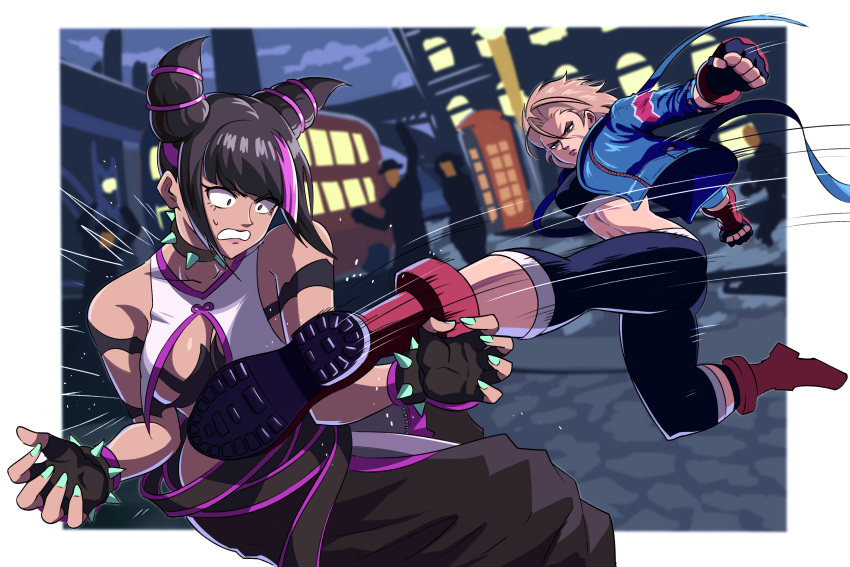 abs absurdres black_hair black_pants blonde_hair blue_jacket blurry blurry_background bus cammy_white collar flying_kick han_juri highres jacket kicking london motor_vehicle pants scar sportswear street_fighter street_fighter_6 tagme tank_top tina_fate