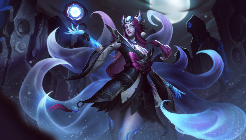 1girl absurdres ahri_(league_of_legends) animal_ears blue_eyes bracelet breasts buwenyineng cleavage energy_ball english_commentary eyeshadow facial_mark fingernails fox_ears fox_girl fox_tail full_moon glowing glowing_eyes hair_ornament highres jewelry large_breasts league_of_legends long_hair looking_ahead makeup moon moonlight multiple_tails official_alternate_costume official_alternate_hairstyle outdoors parted_bangs purple_eyeshadow purple_hair ruins sharp_fingernails snow_moon_ahri solo standing tail whisker_markings wide_sleeves