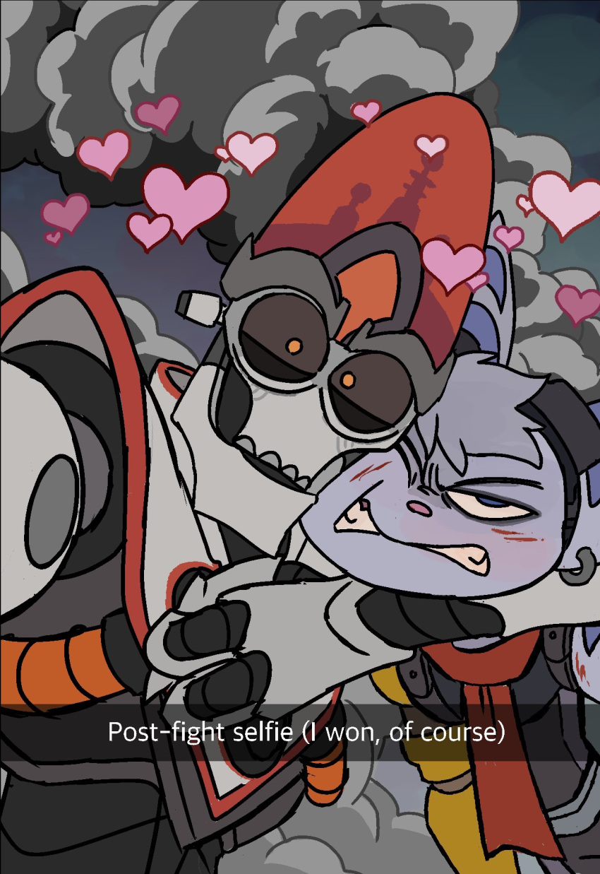 &lt;3 angry anthro blush cheek_to_cheek duo ear_piercing emperor_nefarious english_text female goodboytown hi_res humanoid lombax looking_at_viewer machine male mammal mechanical_arm piercing ratchet_and_clank rivet_(ratchet_and_clank) robot robot_humanoid scarf selfie smoke sony_corporation sony_interactive_entertainment text
