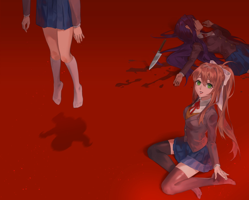 3girls absurdres arms_at_sides black_thighhighs blazer blood blood_splatter blue_skirt bow breasts brown_hair brown_jacket brown_vest buttons closed_eyes collared_shirt commentary curled_fingers death doki_doki_literature_club english_commentary eyebrows_hidden_by_hair facing_viewer feet_out_of_frame full_body green_eyes hair_between_eyes hair_bow hair_intakes hair_over_shoulder hair_spread_out hand_up head_out_of_frame highres implied_murder jacket jyuma kneehighs knees_together_feet_apart knife lapels light_particles light_smile long_hair long_sleeves looking_at_viewer lying medium_breasts monika_(doki_doki_literature_club) multiple_girls neck_ribbon no_shoes notched_lapels on_back open_hand open_hands outstretched_arm parted_lips pleated_skirt ponytail purple_hair red_background red_lips red_ribbon ribbon sayori_(doki_doki_literature_club) school_uniform shadow shirt sitting skirt sleeves_past_wrists smile socks spoilers thighhighs very_long_hair vest white_bow white_shirt white_socks yokozuwari yuri_(doki_doki_literature_club) zettai_ryouiki