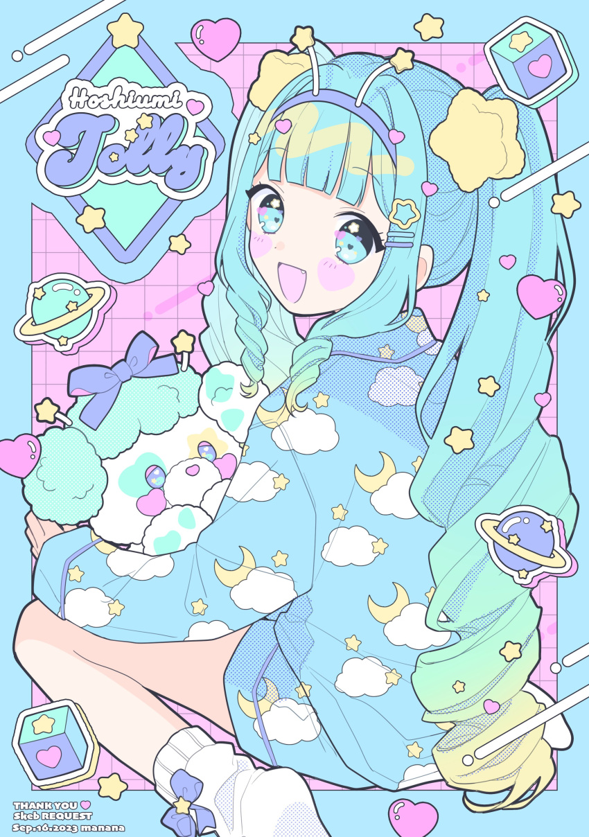 1girl :d absurdres antennae blue_eyes blue_hair blue_pajamas commission commissioner_upload drill_hair highres holding jelly_hoshiumi osaknapocket pajamas pastel_colors phase_connect print_pajamas sitting skeb_commission smile socks solo star_(symbol) stuffed_animal stuffed_toy twin_drills virtual_youtuber wariza