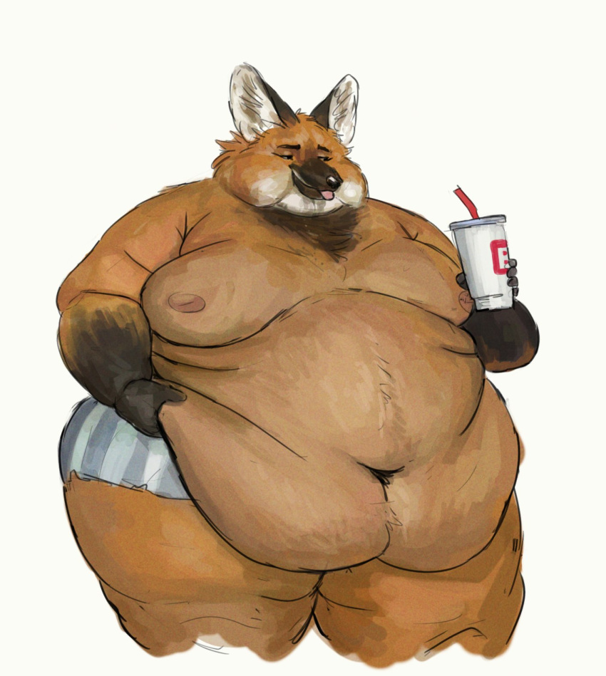 2020 anthro belly beverage big_belly bottomwear canid canine canis cettus chubby_cheeks clothed clothing container cup disposable_cup fat_rolls fur hi_res holding_belly holding_beverage holding_object hotpants male mammal maned_wolf moobs morbidly_obese morbidly_obese_anthro morbidly_obese_male nipples obese obese_anthro obese_male orange_body orange_fur overweight overweight_anthro overweight_male pants shorts simple_background solo standing straw tongue tongue_out topless white_background wolf