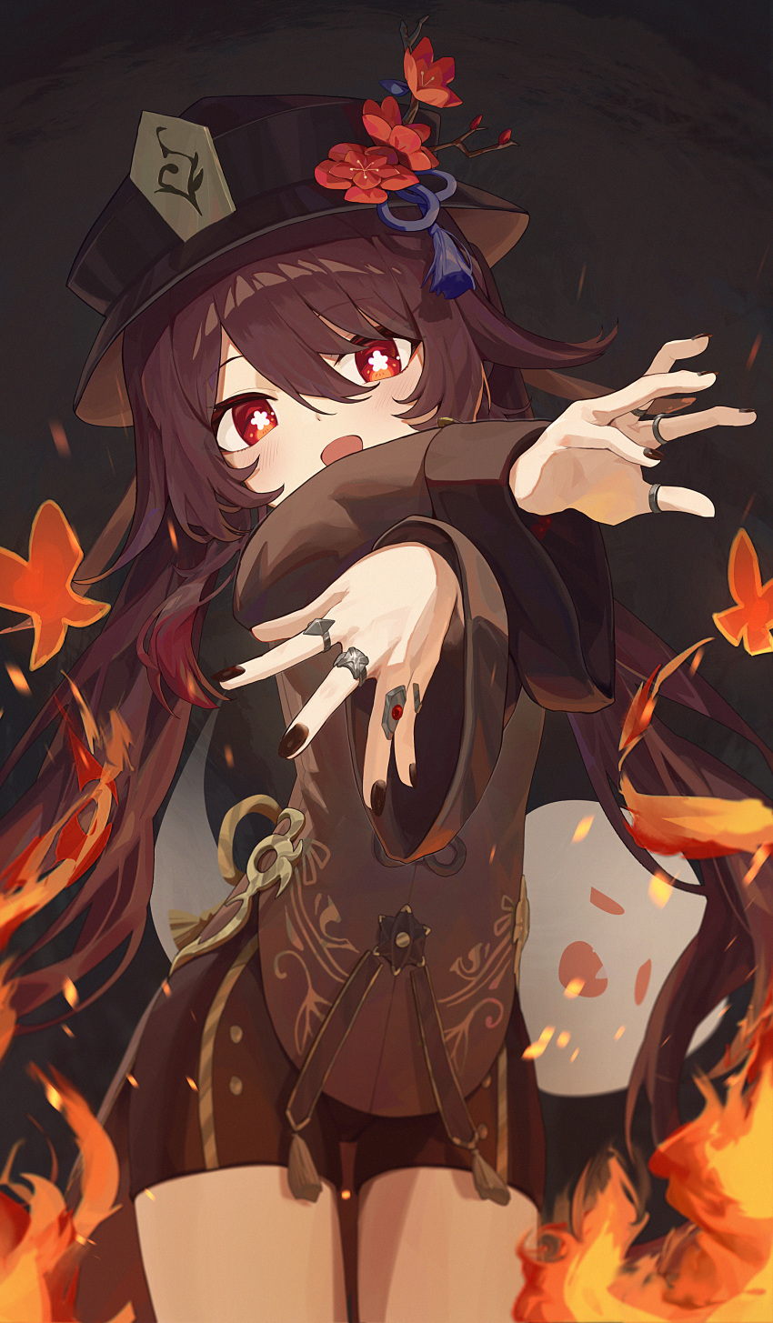 1girl absurdres black_headwear black_nails black_shorts blush brown_coat brown_hair bug butterfly coat commentary crossed_arms fire flower flower-shaped_pupils genshin_impact ghost hair_between_eyes hat hat_flower highres hu_tao_(genshin_impact) jewelry long_hair long_sleeves looking_at_viewer multiple_rings open_mouth outstretched_arms pellas_(panix2383) porkpie_hat red_eyes ring short_shorts shorts sidelocks smile solo symbol-only_commentary symbol-shaped_pupils tassel twintails wide_sleeves