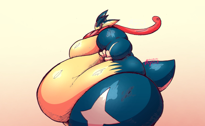 amphibian anthro ayaxstudio big_butt blue_body butt generation_6_pokemon greninja hi_res huge_belly male moobs morbidly_obese nintendo obese obese_anthro obese_male overweight overweight_anthro overweight_male pokemon pokemon_(species) simple_background solo thick_thighs tongue tongue_out