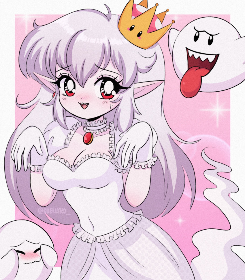1990s_(style) 1girl absurdres artist_name blush boo_(mario) breasts chelly_(chellyko) choker cleavage closed_eyes collarbone covering_own_eyes crown dress earrings embarrassed ghost gloves grey_hair highres jewelry large_breasts long_hair looking_at_viewer luigi's_mansion mario_(series) new_super_mario_bros._u_deluxe open_mouth personification pink_background pointy_ears princess_king_boo puffy_sleeves red_eyes retro_artstyle sharp_teeth short_sleeves smile sparkle super_crown teeth tongue tongue_out watermark white_dress white_gloves
