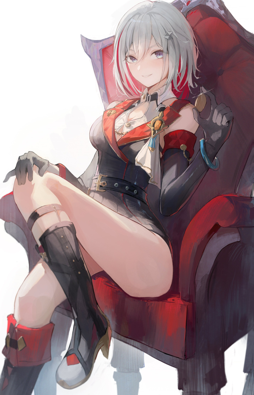 1girl absurdres black_footwear black_gloves blue_eyes boots breasts coin colored_inner_hair commentary couch detached_sleeves elbow_gloves gloves hand_on_own_knee highres holding holding_coin honkai:_star_rail honkai_(series) large_breasts multicolored_hair on_couch red_hair simple_background sitting smile solo streaked_hair thighs topaz_(honkai:_star_rail) two-tone_hair white_background white_hair yonesdraws