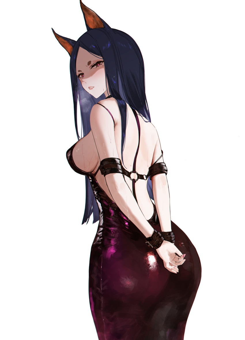 1girl absurdres alternate_costume animal_ears arknights arms_behind_back backless_dress backless_outfit bare_shoulders bdsm black_hair bondage bound bound_arms breasts brown_eyes dobermann_(arknights) dog_ears dress highres large_breasts latex latex_dress long_hair looking_at_viewer looking_back parted_bangs parted_lips purple_dress sawaki_ken scowl shaded_face sideboob simple_background solo sweat white_background