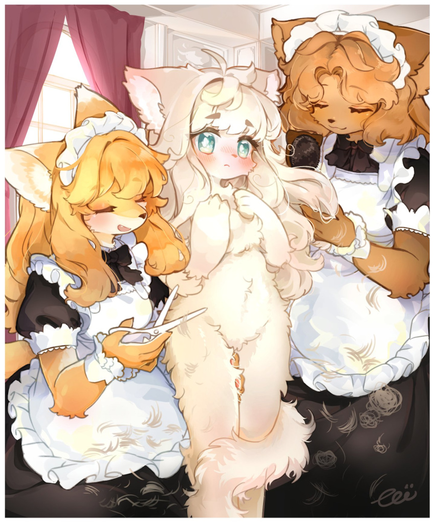 3girls :3 animal_ears animal_hands animal_nose apron aqua_eyes artist_name bangs black_dress blonde_hair blue_eyes blue_hair blush body_fur border brown_fur brown_hair brushing_another's_hair brushing_hair cat_ears cat_girl cat_tail closed_eyes closed_mouth clothed_female_nude_female commentary_request completely_nude curtains cutting_hair day dress flat_chest fluffy fox_ears fox_girl frilled_apron frills furry furry_female hair_intakes hand_on_another's_thigh hands_on_own_chest hands_up happy highres holding holding_scissors indoors legs_together long_hair looking_at_viewer maid maid_apron maid_headdress multiple_girls nose_blush nude open_mouth original pawpads puffy_short_sleeves puffy_sleeves scissors short_sleeves sidelocks signature smile snout standing tai_tai_kun tail two-tone_fur u_u white_apron white_border white_fur white_hair window wrist_cuffs yellow_fur